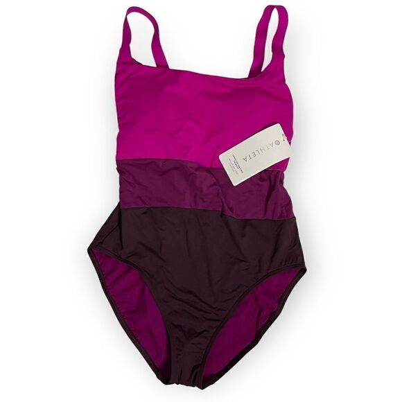 Athleta Pink Striped Coastline One Piece Swimsuit Medium Coverage - Picture 1 of 12